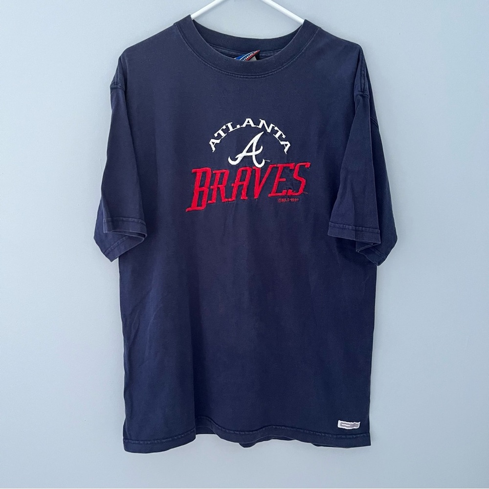 VINTAGE Atlanta Braves Shirt Mens Medium Blue Red Embroidered MLB Baseball 90s